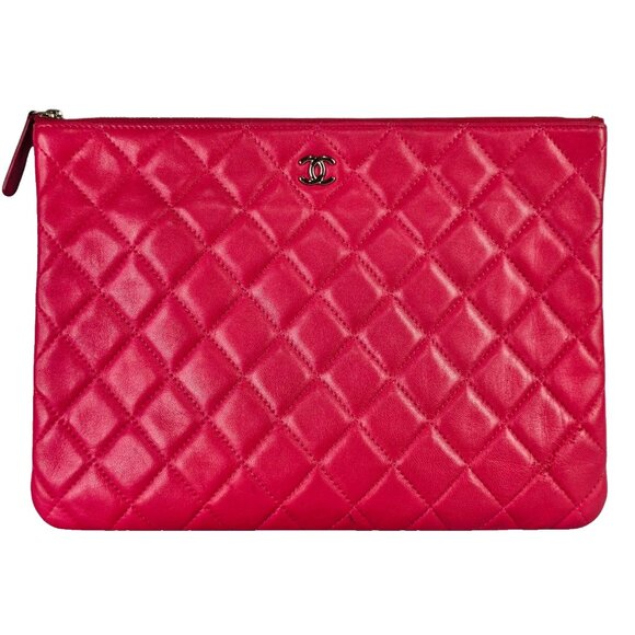 CHANEL Lambskin Pouch Clutch Leather Medium O Case Quilted Matelasse CC Dust Bag - Picture 1 of 16